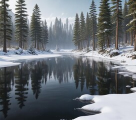 Fototapeta premium snow-covered pine trees lining the edge of a frozen lake, landscape, tranquil, cold, frosty