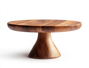 Round wooden cake stand, pedestal, serving tray, isolated on white background.