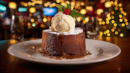 Decadent chocolate lava cake cozy restaurant dessert photography warm atmosphere close-up indulgent treats for food lovers