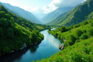 Serpentine river winding through a verdant landscape, water, greenery