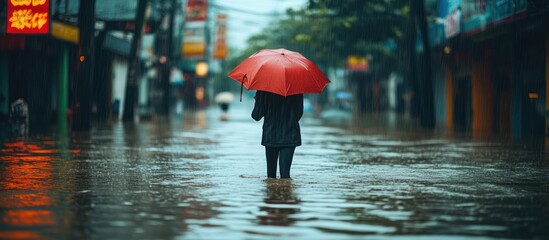 Fototapeta premium Woman, red umbrella, flooded street, Asia, rain
