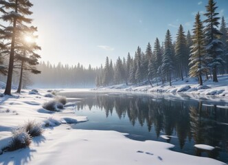 Obraz premium Snowy winter landscape with frozen lake and pine trees, snow covered pine trees, frozen lake landscape, serene snowy winter landscape