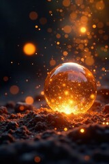 Shining gold orbs with bursts of sparks and flames on a dark canvas, radiance, spark