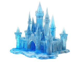 stunning ice castle sculpture with intricate details and shimmering blue hue, showcasing towers and spires that evoke magical winter wonderland
