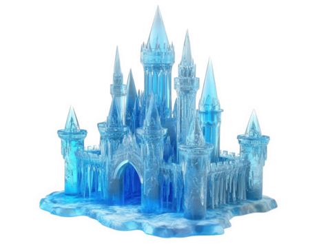 stunning ice castle sculpture with intricate details and shimmering blue hue, showcasing towers and spires that evoke magical winter wonderland