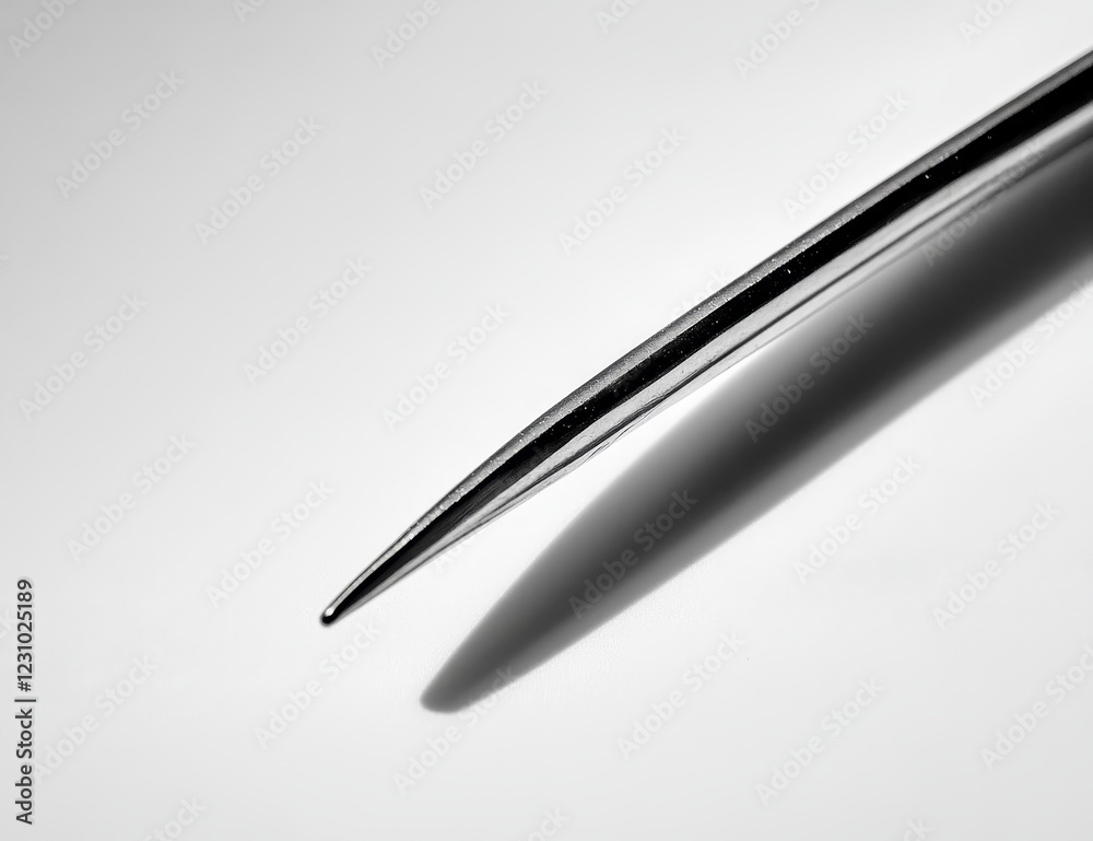 Poster close-up of a sleek, metallic, pointed object casting a shadow on a bright surface.