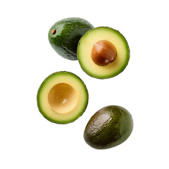 Three ripe avocados, one halved, transparent background