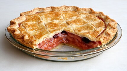 Deliciously baked cherry pie kitchen food photography bright setting close-up view culinary delight