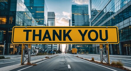 Thank you text on road sign in middle of modern business city background