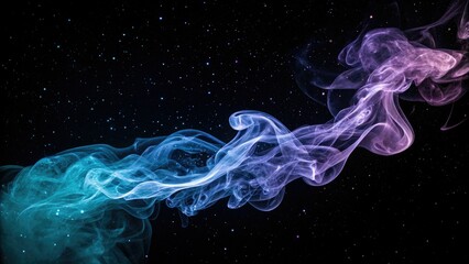 Softly glowing blue and purple ribbons drift through the inky blackness of space like wisps of smoke on an astral breeze, smoky, misty, nebular, dark