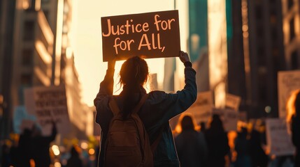 Woman holds 'Justice for All' sign, city protest