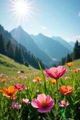 Sunlight filters through flowers in a mountain meadow, flowers, wildflowers