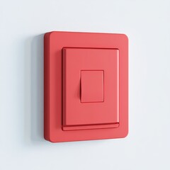 Red square light switch on white wall.