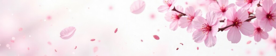 Fototapeta premium Soft pink petals gently falling on a white background, pastel, cherry blossoms