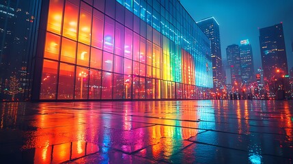 A modern building with rainbow-colored glass windows reflects the city lights at night, creating an eye-catching and colorful display