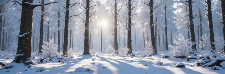 Fototapeta premium Sparkling snow-covered trees in a frozen forest, winter wonderland, wintry landscape