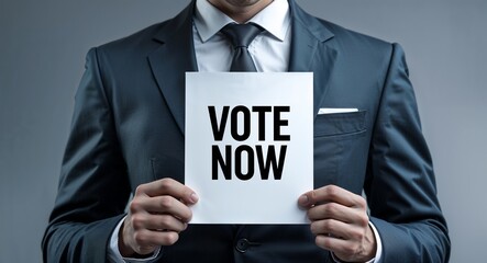 vote now text on plain white paper in hand on guy on formal suit business concept background