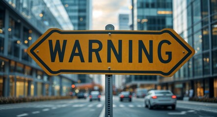 Obraz premium warning text on road sign in middle of modern business city background