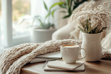 A cup of coffee and a book on a table in a cozy setting - warm and inviting.