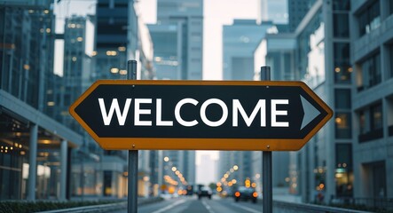 Obraz premium welcome text on road sign in middle of modern business city background