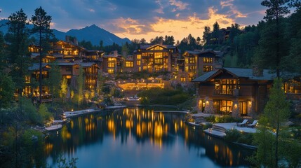 Evening serenity lakeside resort mountain view tranquil environment