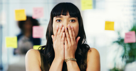 Woman, portrait or shocked in office for project, creative opportunity or agenda update. Designer, what or sticky notes in agency for forgot reminder, calendar mistake or surprised for missed meeting