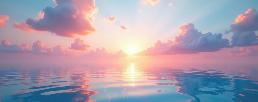 Pastel hues dance across a tranquil sea and sky, sun, sky, calm