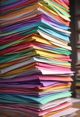 Piled stacks of colored papers with different tabs , paperwork organization, study area, organized workspace