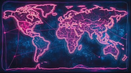 Glowing neon world map outlined in pink and blue hues