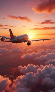 Plane gliding smoothly through orange and red hues of sunset against a cloudy backdrop, aviation scene, flying plane