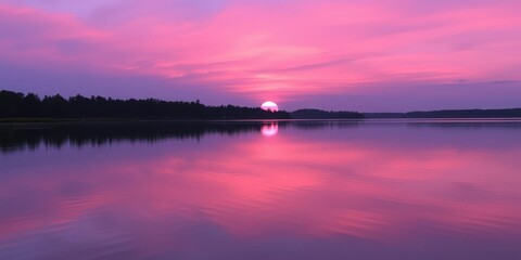 Obraz premium Purple and pink hues of an aquatic sunset reflected in the calm waters of a serene lake, sunset, water features