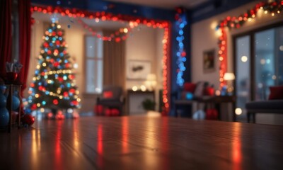 Red and blue bokeh lights in a room with festive decorations, twinkling lights, holly leaves , cozy room