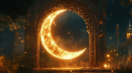 Fiery crescent moon archway, night, mystical garden