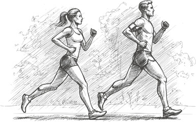 Fototapeta premium Running man and woman, isolated vector charcoal silhouettes. Run, side view. Charcoal sketches of athletic looking male and female runners running. EPS 10 version.