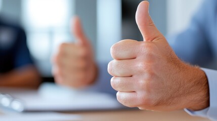 Celebrating success in recruitment with a thumbs up at the office