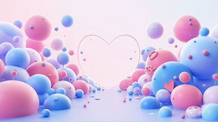 Pink and blue balloons with hearts in background.