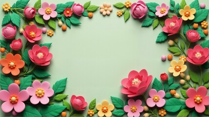 Pink and red flowers on green background.