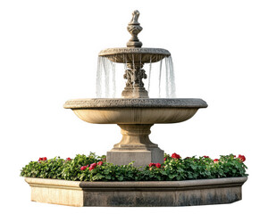 beautiful garden fountain with flowing water, surrounded by vibrant flowers, creates serene atmosphere. This elegant piece enhances outdoor spaces and adds charm