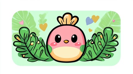 Naklejka premium Cute cartoon bird character surrounded by tropical leaves and hearts