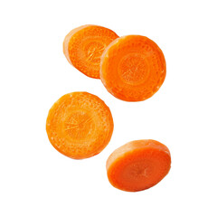Four slices of orange carrot on a white background