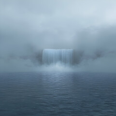 Majestic Hidden Waterfall in Serene Foggy Landscape with Ocean and Tranquil River