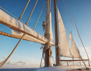 Sails are being attached to the mast of a yacht with ropes and clips , ship, boat, anchor