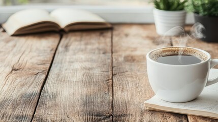 Cozy moments with hot coffee and a good book on a rustic table