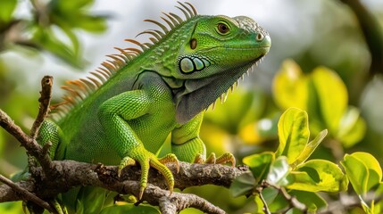 Fototapeta premium Vibrant green iguana perches on a tree branch basking in the sunlight