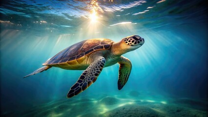 Fototapeta premium Sea turtle swimming in the open ocean on a subtle gradient background, ocean gradient, gentle waves