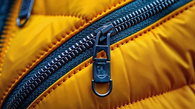 Close-up of a Yellow Jacket Zipper: Detailed Texture and Metal Hardware