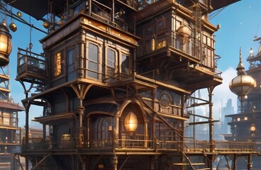 ゲーム背景　積み木を組み合わせたようなファンタジー都市のアパート住宅