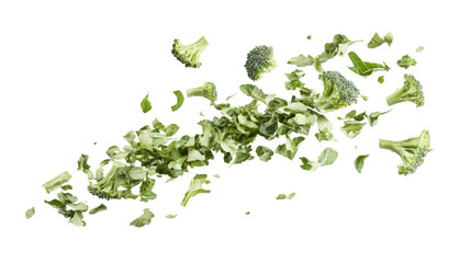 Obraz premium Fresh broccoli florets and leaves flying on transparent background