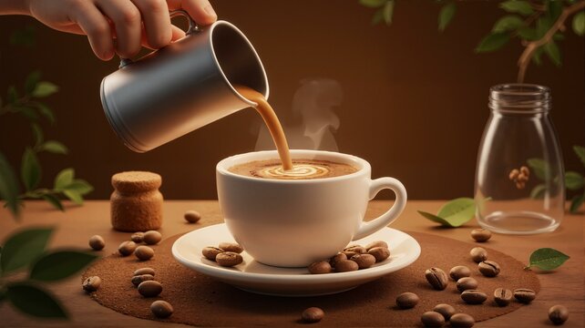Pouring coffee into cup with latte art.