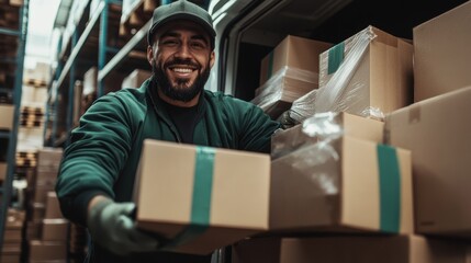 Delivery driver efficiently unloading packages from truck at warehouse
